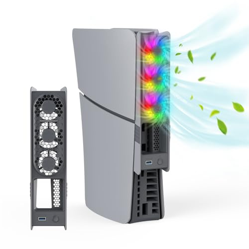 Ventilateur de refroidissement console pour PS5 Pro/PS5 Slim Disc & Digital Edition, ventilateur silencieux avec lumière RGB et port USB pour PS5 Pro/PS5 Slim (Gris)