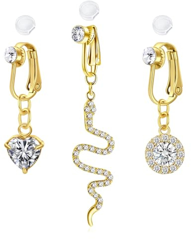 LAURITAMI 3 Pièces Faux Piercing Nombril Acier Inoxydable Or Argent avec Coussinets en Silicone Faux Piercing au Nombril Non percé Bijoux