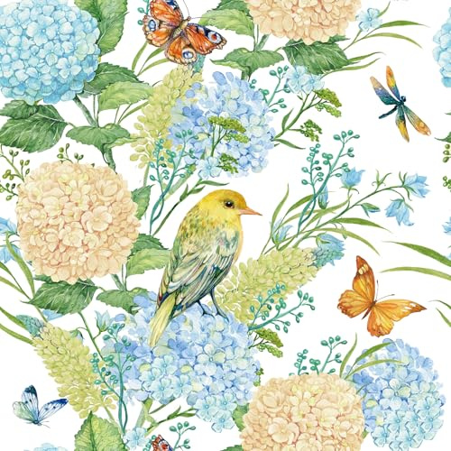 FunStick Carta da Parati Fiori e Uccelli Acquerello Bianco Carta da Parati Adesiva Mobili Floreale Ortensia Farfalle Pellicola Adesiva per Pareti Camera da Letto Soggiorno Armadio Bianco 44.5CM×3M