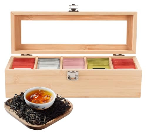 Clyfanesy Bamboo Tea Box,Wood Tea Bag Organizer with 5 Compartments,Tea Box Chest Holder with Transparent Lid for Tea Coffee Sugar Packe 30X10X9cm (natural wood color)