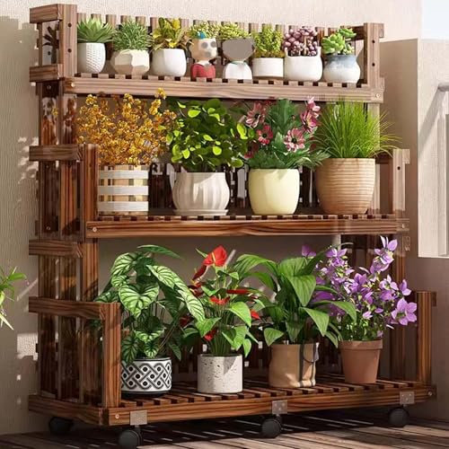 SRHIMEOS Blumenständer Pflanzenregal Bambus, 3 Etagen Holz Pflanzenständer, Mehrstöckig Blumenregal Mit Rollen, Pflanzentreppe Balkon, Blumentreppe Draußen Ecke (92x42x110cm)