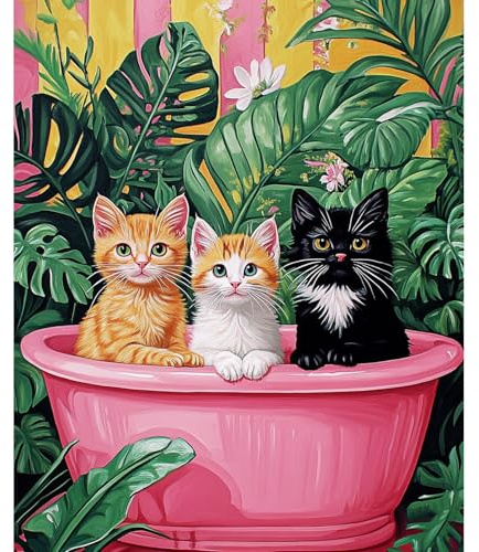 NEWENMO Tre bedårande katter måla efter nummer kit, rosa badkar måla efter siffror vuxna, måla efter nummer vuxen, måla efter nummer vuxna, oljemålningssats, för heminredning 40 x 50 cm