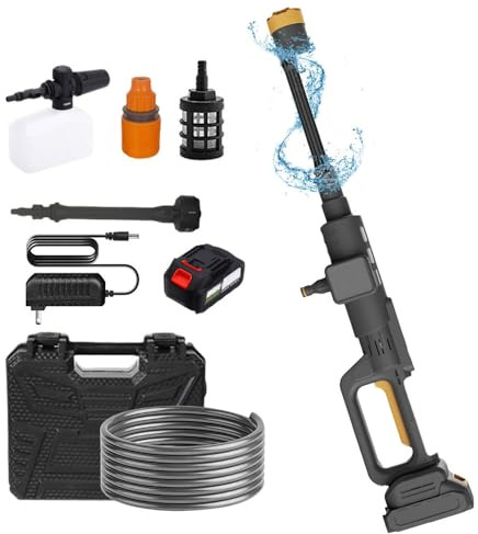 21V Nettoyeur Haute Pression sans Fil, avec 6-en-1 Multi-Usage Buse, Nettoyage de Terrasse Lavage de Voiture, Max.150 Bar, 300L/H Batterie 1.5Ah et Chargeur (1 Batterie)