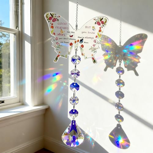SUHANIOP Butterfly Crystal Suncatcher Friendship Gifts for Women Girls, Rainbow Maker Best Friend Keepsake Presents for Graduation Birthday Retirement Christmas - Window Garden Decor
