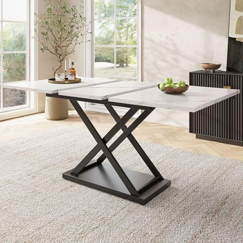 Lahoomu Ausziehbarer Esstisch Teleskoptisch(120-160×80cm), Platzsparender Küchentisch, Schwarz Gekreuzte Eisenbeine,für Küche und Wohnzimmer, Weißer Marmorierter