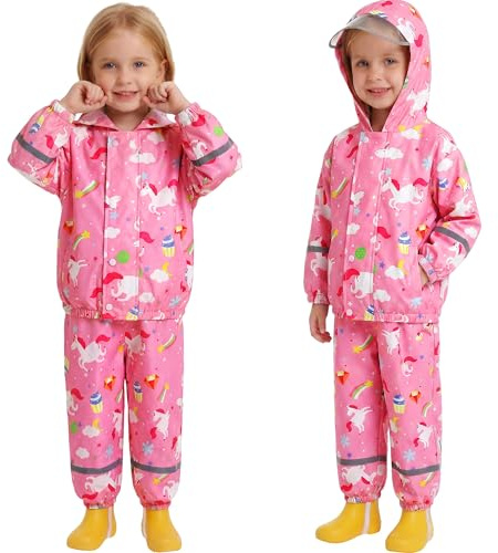Baogaier Tuta Impermeabile Bambina, Leggero Fodera in Rete Antipioggia Giacca & Pantaloni Impermeabili 2 Pezzi Set, Bambini Pioggia Completo Abbigliamento per Ragazze 6-7 anni, Cavallo Rosa