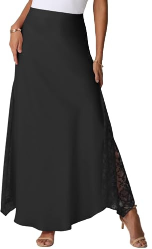 GRECERELLE Maxi gonne estive in raso da donna UK a vita alta in seta gonne lunghe fluide una linea con cerniera gonna da donna per feste, matrimoni e vacanze, Nero , M
