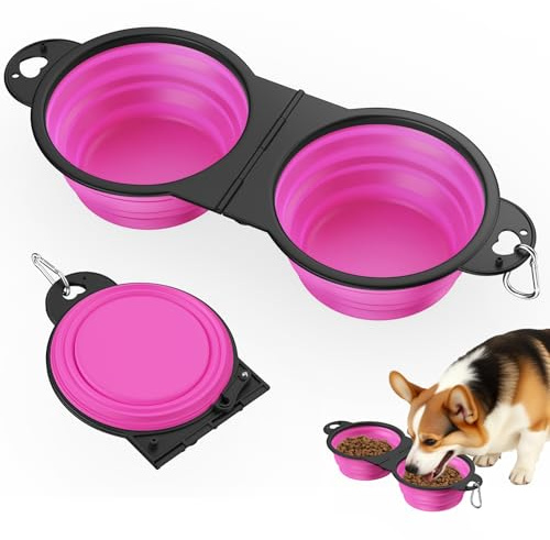 Pawaboo Ciotole per Cani Pieghevoli, Doppia Ciotola per Cibo e Acqua per Cuccioli, Ciotole per Cani in Silicone Ribaltabile a 180° con Gancio in Metallo, Ciotoles per Animali da 450 ml, Rosa