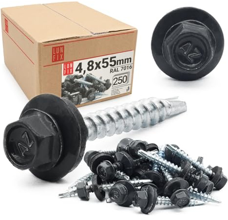 LUN FIX Trapezblechschrauben 4,8x55 mm 250 Stk EPDM RAL 7016 dichtscheibe | Anthrazitgrau Schrauben Spenglerschrauben mit Selbstbohrende blechschrauben mit dichtung Bohrschrauben