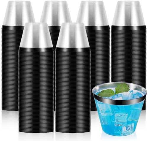 Tczecoo 50 Stück Partybecher Mit Schwarz Rand, Hartplastik Party Becher | Wiederverwendbare Trinkbecher, Elegante Party Gläser für Parties, Geburtstag, Hochzeit, Camping, 255ml/9 Oz