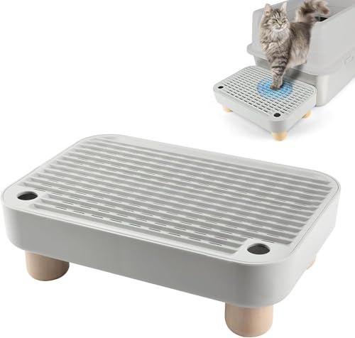 Kalolary Cat Litter Box Ramp with Filter Layer – Non-Slip Steps for Litter Box, Ideal for Small and Senior Cats, Litter Catcher Pedal, Durable, Easy to Clean (Light Grey with Wooden Base)