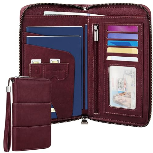 Faneam Reisepass Tasche Familie, Reiseorganizer für Dokumente mit RFID Schutz, Reiseorganizer aus PU-Leder, Tragbare Reisepasshülle Ausweistasche für Pässe, Karten, Bargeld (Bordeauxrot)