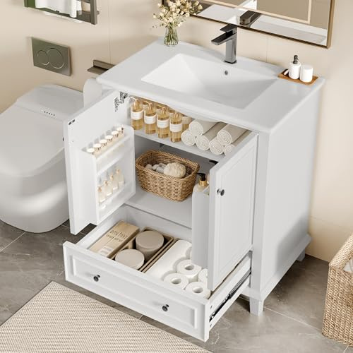 76 x 46 x 87 cm Armadietto da pavimento con lavabo, lavabo, gambe in legno massello, verniciatura completa, impermeabile e impermeabile, ampio spazio di archiviazione, lavabo in ceramica integrato