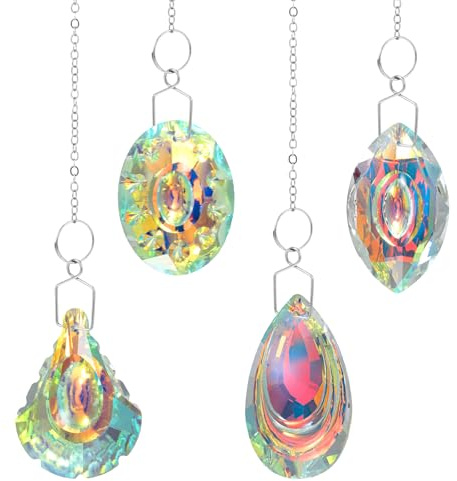 4 Stück Regenbogen Sonnenfänger Kristall,Künstlich Kristalle zum Aufhängen,4 Formen Kristall Prisma,Glas Sonnenfänger für Fenster, Balkon, Küche, Gartendekoration