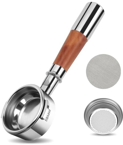 VINATO Portafiltro Sin Fondo de 58 mm Compatible con Máquinas de Café Breville Dual Boiler BES900XL, BES920XL, BES980XL, BES990BSS, Mango de Madera de Nogal, 2 Orejas