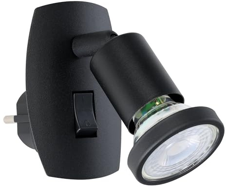 EGLO Steckerleuchte Parrini, Steckdosenlampe mit Schalter, Steckerlampe mit schwenkbarem Spot, Metall und Kunststoff in Schwarz, warmweiß