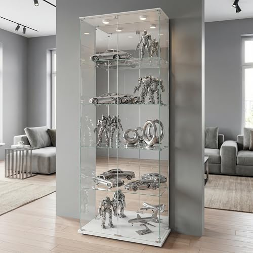 Zorvani Vetrina in vetro con LED,Vetrina in vetro temperato,5 strati di vetro,a 2 porte e lucchetto,vetrine per figure armadio,per soggiorno,ufficio,oggetti da collezione (Bianco +LED 1)
