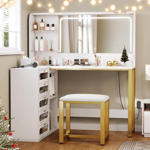 Coiffeuse avec Miroir Réglable LED et Tabouret, Coiffeuse d'angle en L, Commode Moderne avec 5 tiroirs et 2 étageres enacrylique, pour Chambre à Coucher, Salon, Blanc