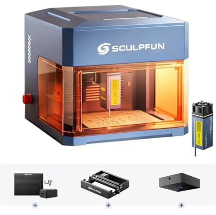 SCULPFUN iCube Ultra Deluxe 12W Laser Graviermaschine mit RA Mini Laser-Rotationswalze, iCAM Kamera, Air Assist Kit und Wabenplatte, Tragbarer Laser Cutter & Lasergravierer