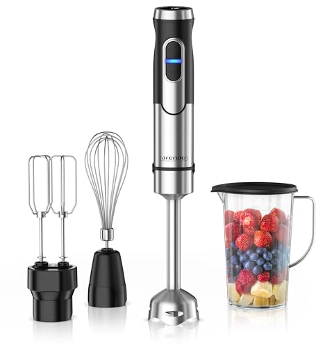 Arendo - Handmixer Edelstahl 1500 Watt Set - Handrührgerät - Stabmixer Pürierstab - Turbotaste – 4 flügeliges Messer - Schneebesen – Doppel-Rührquirl
