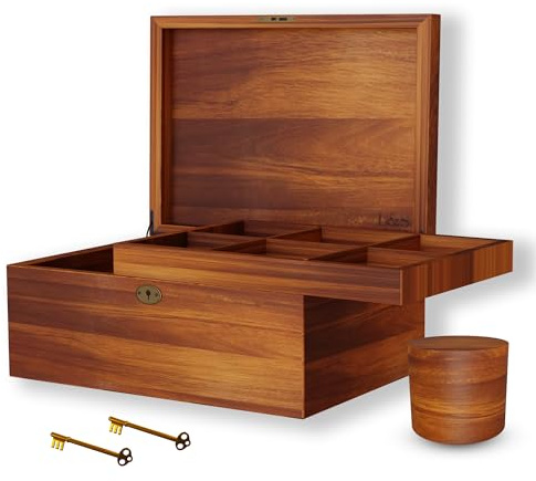 LUSH & STYLE Acacia Wooden Box, Keepsake With Hinged lid and locking key, Decorative, Memory, Wooden Storage Boxes, Customizable Design With Adjustable Tray,keepsake trunk(Divider Model) Large