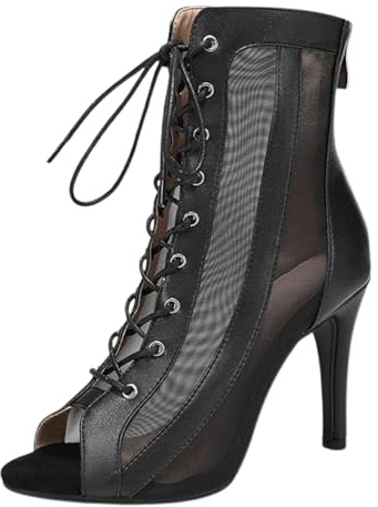 Botas Baile Tobillo Mujer, Botines Punta Abierta con Cordones, Botas de Baile Latino, Zapatos de Bailes de Salón, con Tacón Alto Salsa y Bachata Elegantes Fiesta Calzado de Danza 10cm