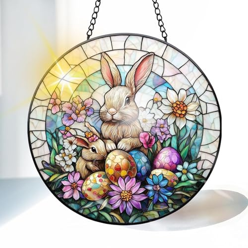 VAIIEYO Sonnenfänger Kaninchen, Ostern Sonnenfänger Fenster mit Kette und Haken, Hängende Dekoration für Garten, Balkon, Wohnzimmer und Schlafzimmer, Kreative Geschenkidee, 20x20cm