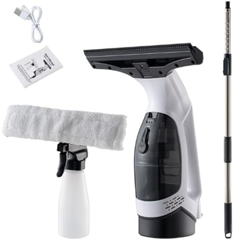Nettoyeur de fenêtres sans fil avec raclette, aspirateur de fenêtre rechargeable, lame de rechange, pulvérisation d'eau et collecte des eaux sales, extensible pour fenêtres hautes, sans traces