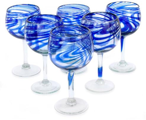 NOVICA Artisan Blue Ribbon Handblown Wine Glasses Set of 6, Recycled Mexican Clear Glass Tableware Drinkware, 13 Ounce Capacity, 7.75 Inches Height by 3.9 Inches Diameter, Authentic Handmade Stemware