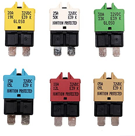 T Tocas 12V DC Manueller Reset Sicherungsschutzschalter Low Profile ATC 5A/ 10A/ 15A/ 20A/ 25A/ 30A Leistungsschalter 12 Volt - 32V DC, Manuell zurücksetzbar, 6-Pack