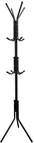 Perchero de pie metálico negro, diseño moderno con múltiples ganchos, ideal para colgar ropa, abrigos, sombreros y bolsos, organizador de entrada, dormitorio u oficina, resistente y estable