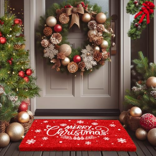 LuxUrux Christmas Door Mat Outdoor Décor, Pure Coir Doormat with Heavy-Duty PVC Backing - Natural - Perfect Color/Sizing for Outdoor/Indoor uses.