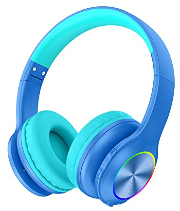 Candy Bila Kids Bluetooth 6.0 Headphones with LED Light, 85Hours Playtimes, Type-C Fast Charging, 85/94dB Volume Limited, Comfort Wireless Headphones with Built-in Mic, Wired & TF Card Mode, Blue