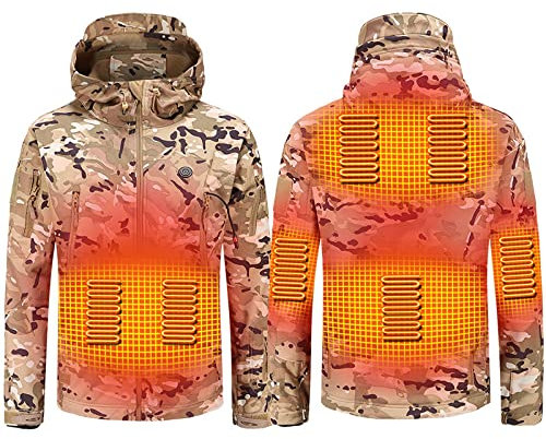 scosao Camo Heated Hunting Jackets for Men Electric Heated Hoodie Coat Windproof Winter Outdoor Soft Shell Clothing Ski Heating Jackets Waterproof with 3 Heater Zones for Moto Fishing Camping,M