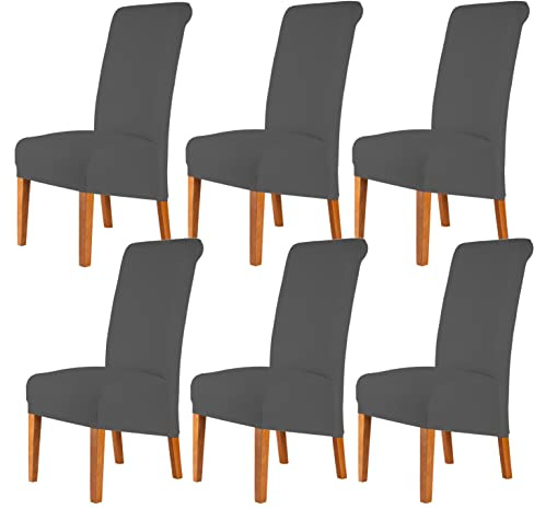 CMAKER Stuhlhussen für hohe Rückenlehnen, Stretch-Spandex-Stoff, Stuhlbezug für Zuhause, waschbar, abnehmbar, Parsons, Stuhlschutz, Esszimmer, Küche, Hotel, 6er-Set, Dunkelgrau