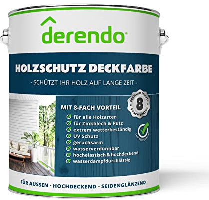 derendo Holzfarbe weiß außen wetterfest Wetterschutzfarbe Holz 2,5L RAL 9010 seidenglänzend Holzlack reinweiß Außenbereich Holzschutzlasur hohe Deckkraft
