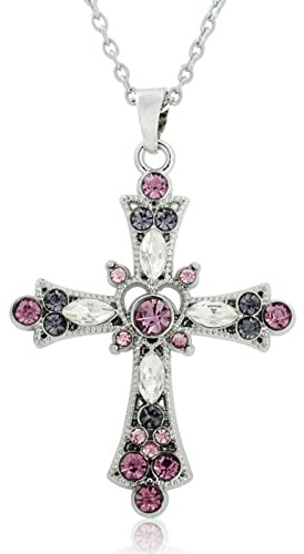 Cross Necklace for Women Religious Faith Gift Jewellery Infinity Crucifix Crystal Pendant for Girls 18 Inches Long with Adjustable Chain (pink purple)