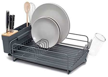 simplywire – Premium Dish Drainer – Plate Drying Rack with Cutlery Holder & Drip Tray – Grey Powder Coated Steel