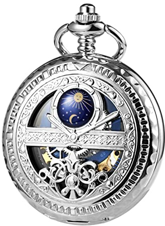 TREEWETO Men's Mechanical Roman Numerals Dial Sun and Moon Skeleton Silver Case Pocket Watches with Box and Chains for Mens Women