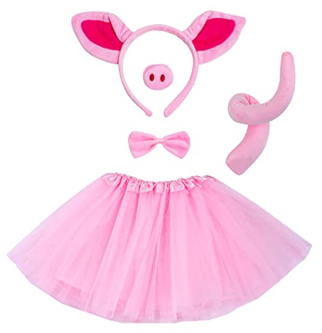 baotongle Schwein Kostüm Set Kinder Tutu Rock Kostüm Ohren Schwanz und Fliege Set, Rosa Tier Schwein Schweineohr Stirnband, Faux Schweineschnauze,Halloween Cosplay Party Dekoration