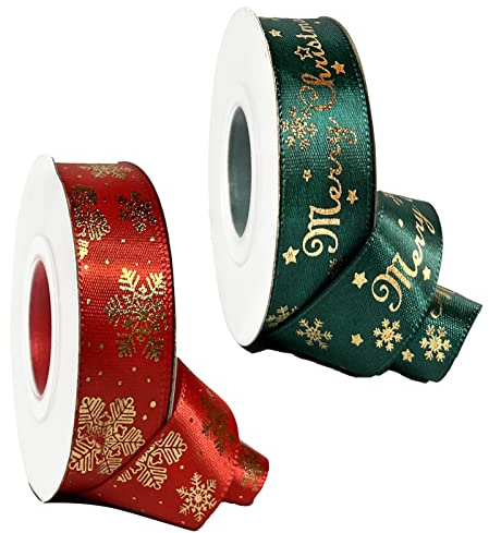 20 Yards julband, 2 rullar julband grön/röd presentband jul, 20 mm brett satinband med julmotiv för gåva, julgransdekoration (25 yards/rullar)