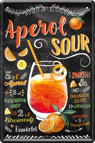 WOGEKA ART Retro Blechschild - Aperol Sour - Cocktail Rezept als Geschenk-Idee zum Geburtstag Weihnachten zur Dekoration für Haus-Bar Pub Kneipe 20x30 cm Vintage-Design Metall 12