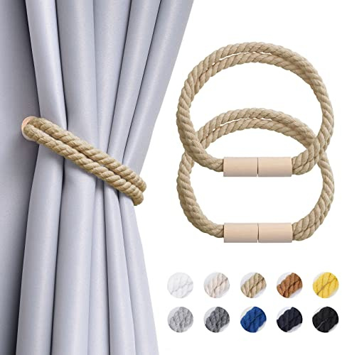 Pretty Jolly 2 Stück Magnetische Vorhang Raffhalter aus Holz, Boho-Dekoration, Raffhalter, handgefertigt, doppeltes Baumwollseil, Vorhanghalter für Zuhause und Büro, Fenstervorhänge (Dunkelbeige)