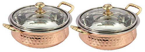 Devyom Handicraft Set of 2 Indian Hammered Copper Stainless Steel Serving Bowl for Food Soup with Handle and Glass lid Decorative seveware Size- 5 Inch