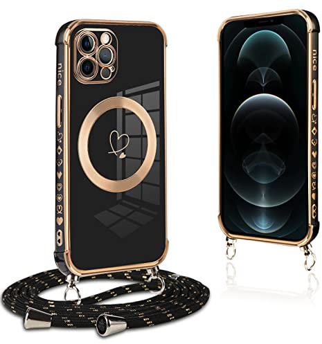 Pnakqil Handykette für iPhone 12 Pro Max Hülle mit Band, Handyhülle Ultra Dünn Silikon Magnetisch mit Herz Love Muster Schutzhülle mit um Umhängen Kordel für iPhone 12 Pro Max 6.7 Zoll, Schwarz