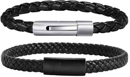 TempBeau Armband Herren Leder Schwarz : 2Pcs Lederarmband Set 21cm Echtes Leder Geflochten Mode-schmuck Armbänder für Männer Papa Tolle Geschenkidee
