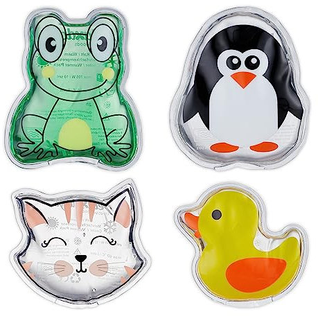 Relaxdays Kühlpads Kinder, 4er Set, Kalt Warm Kompresse, Tiermotive, Kinderkühlpads mit Gel, wiederverwendbar, bunt