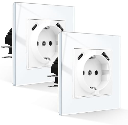 2er-Pack CNBINGO Schuko Steckdose mit USB Anschluss, USB-A und Typ-C Port Max.2,1 Amp total, Unterputz Steckdose mit Krallen, Schutzkontakt Wandsteckdose mit Glasrahmen in Weiß, 1-Fach