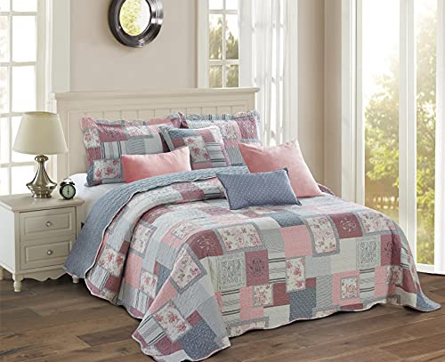 BSL Quilted Patchwork Bedspread Bedding Set 3 Piece Printed Coverlet Includes Bed Throw and 2 Pillow Shams Floral and Check Embroidered Machine Washable (Fine Decor, King)