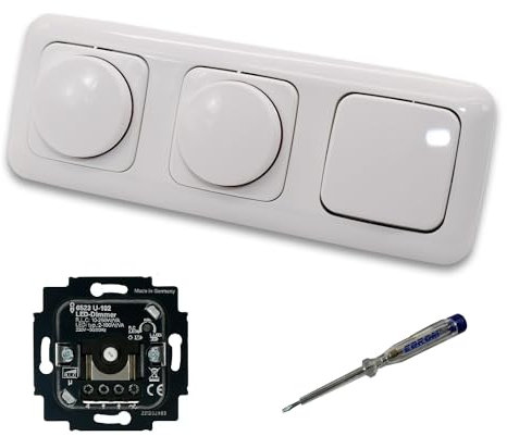 Busch Jäger 6523U-102 (2 x) LED Drehdimmer Dimmer + Dimmerscheiben 2115-214 und Lichtschalter 2000/6 US in Reflex Si alpinweiß glänzend inklusive EBROM Phasenprüfer zur Montage der Geräte 6523 U – 102